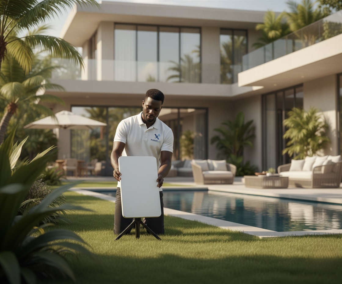TECHNICIAN INSTALLING STARLINK ON A ROOF IN ALMADIES